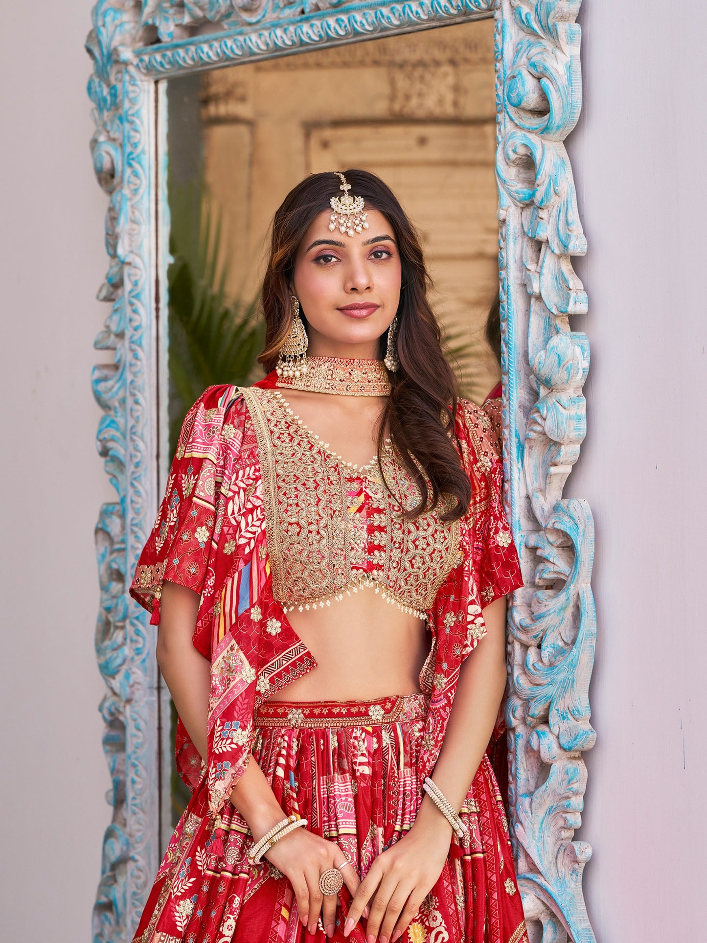 Red Color Beautiful Lehenga Choli in Chinon Silk Fabric