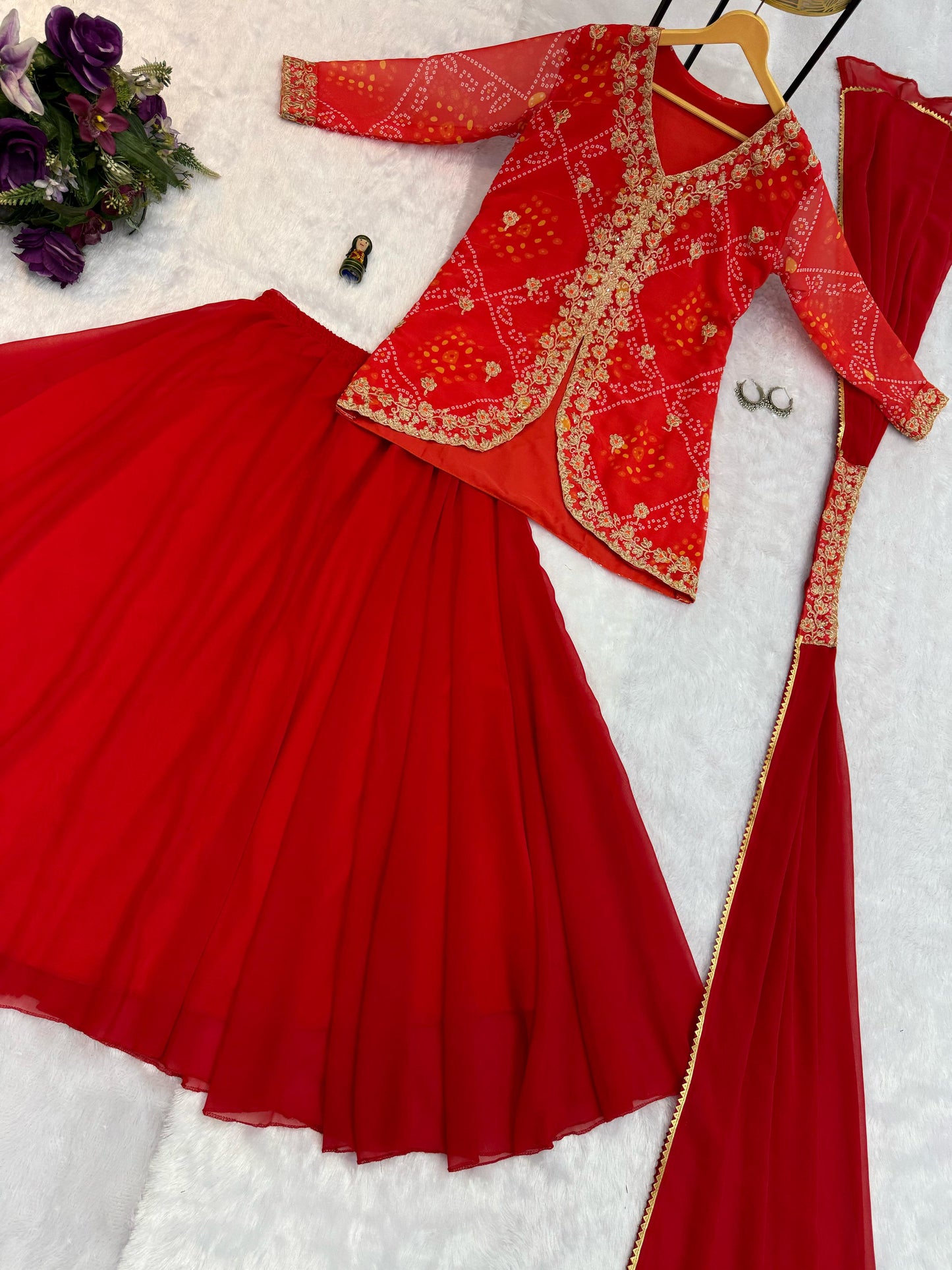 Red Color Beautiful Koti Lehenga Dupatta