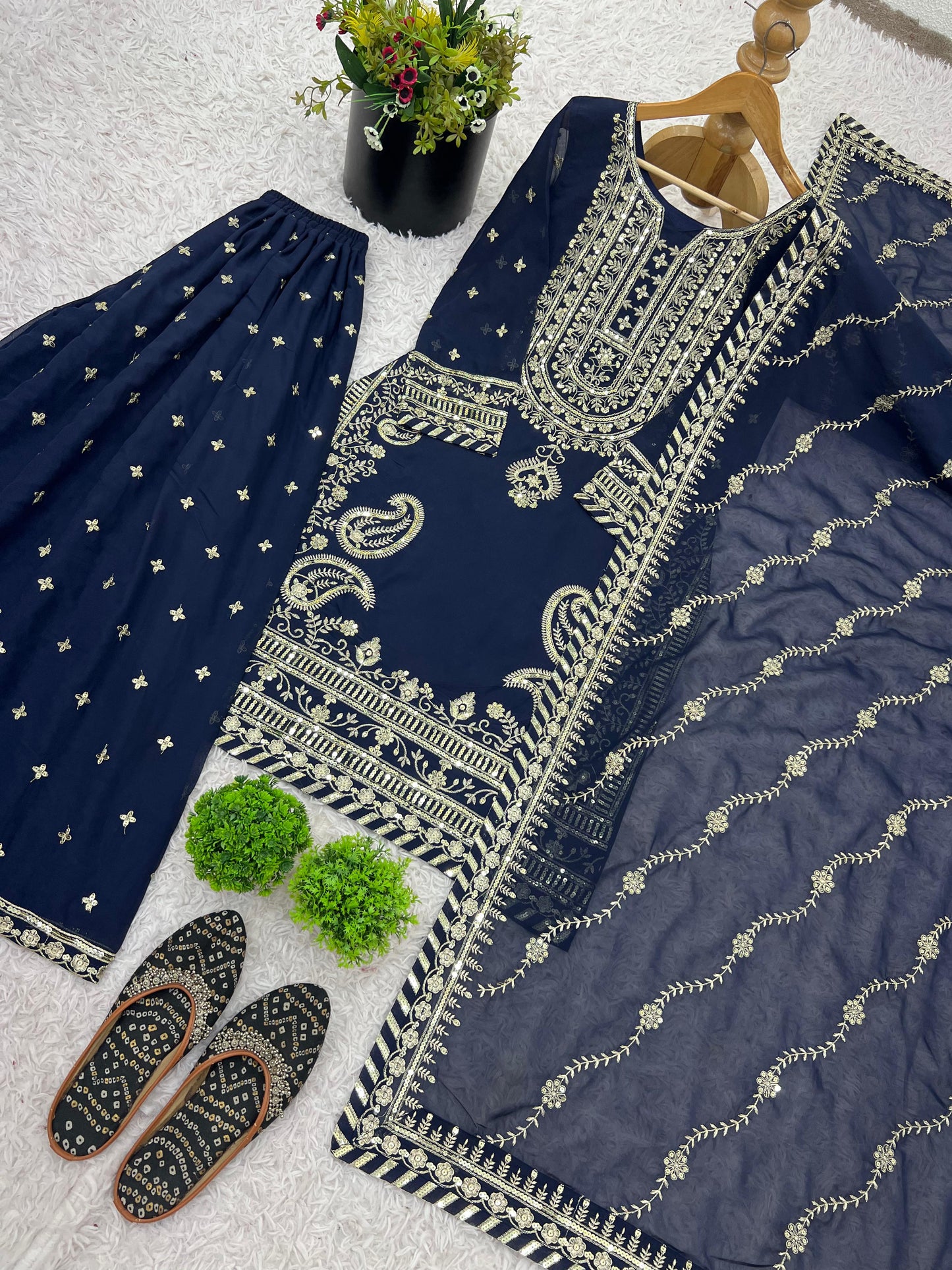 Navy BLue Color Embroidery Sequence Work Top-Sharara And Dupatta Set Fully Stitched
