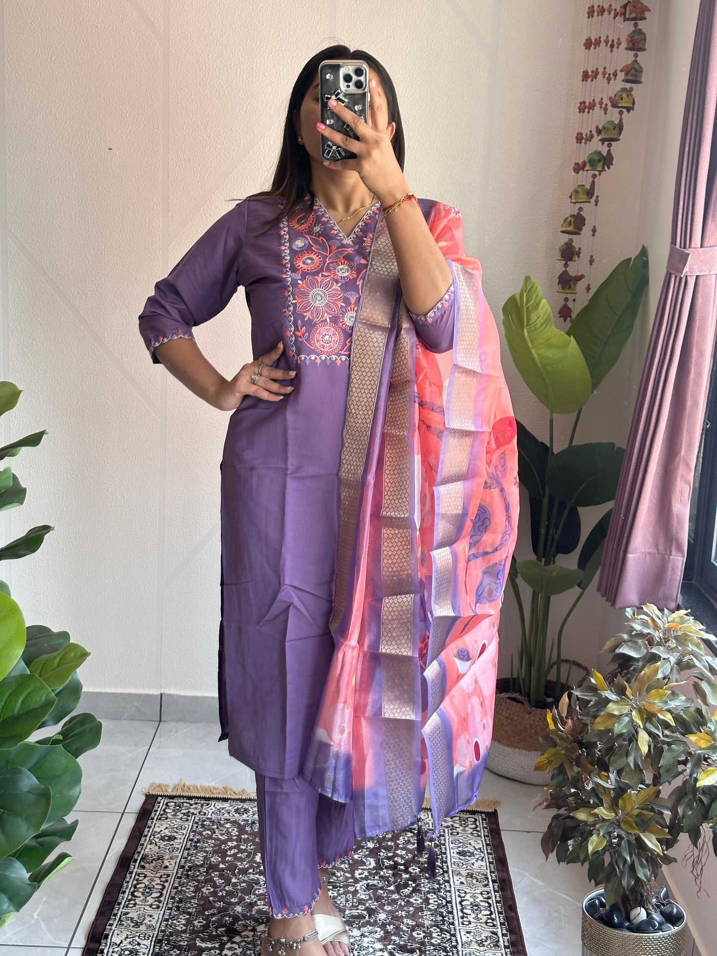 Voilet Color Beautiful Daily Wear Dress in Roman Silk Fabric