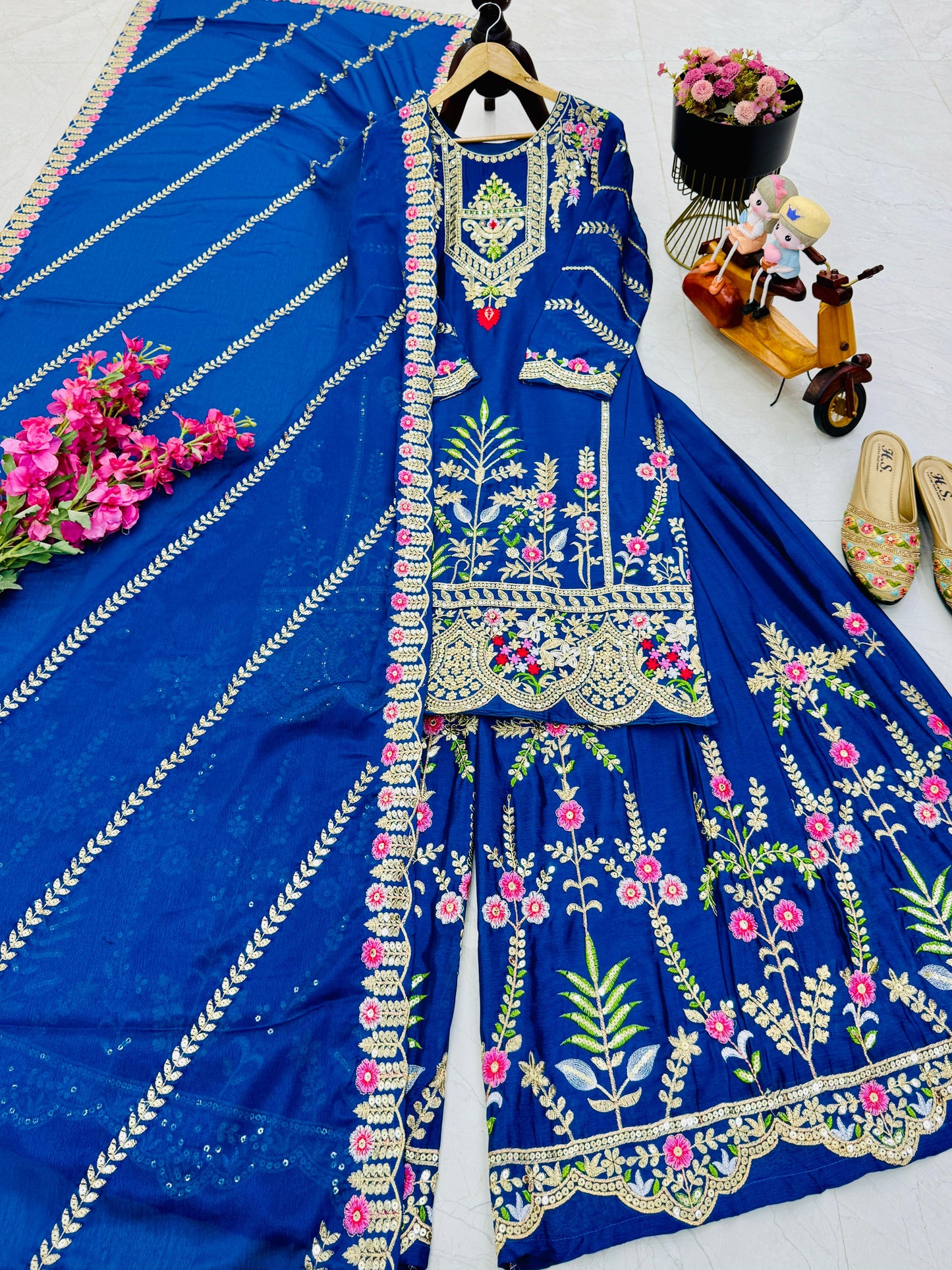 designer party sharara suit & dupatta set in blue color