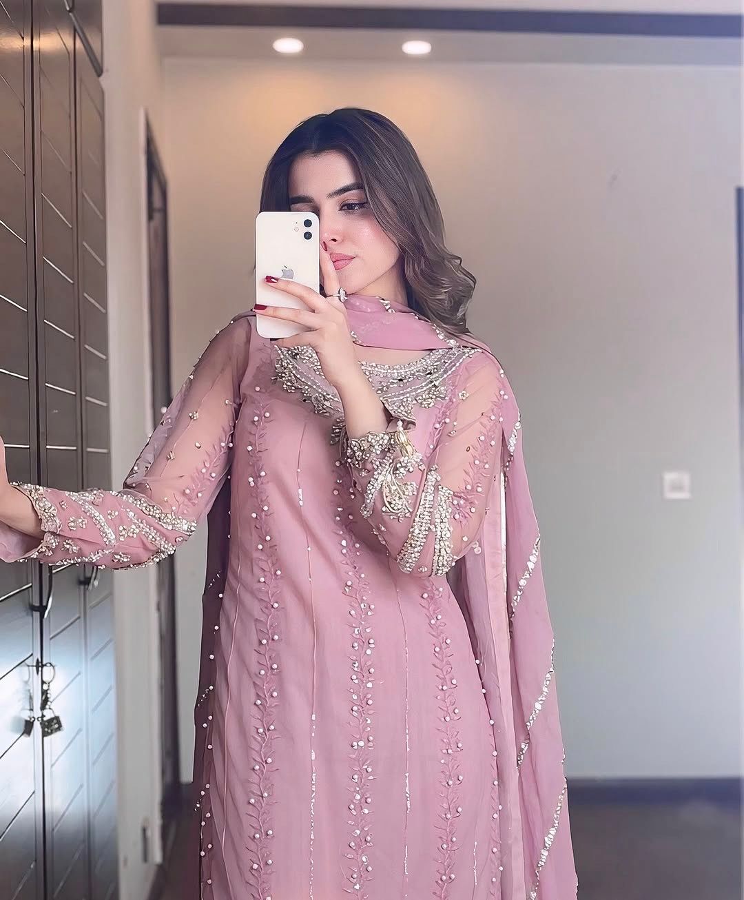 party wear look pur heavy faux georgette top plazzo & dupatta set pink