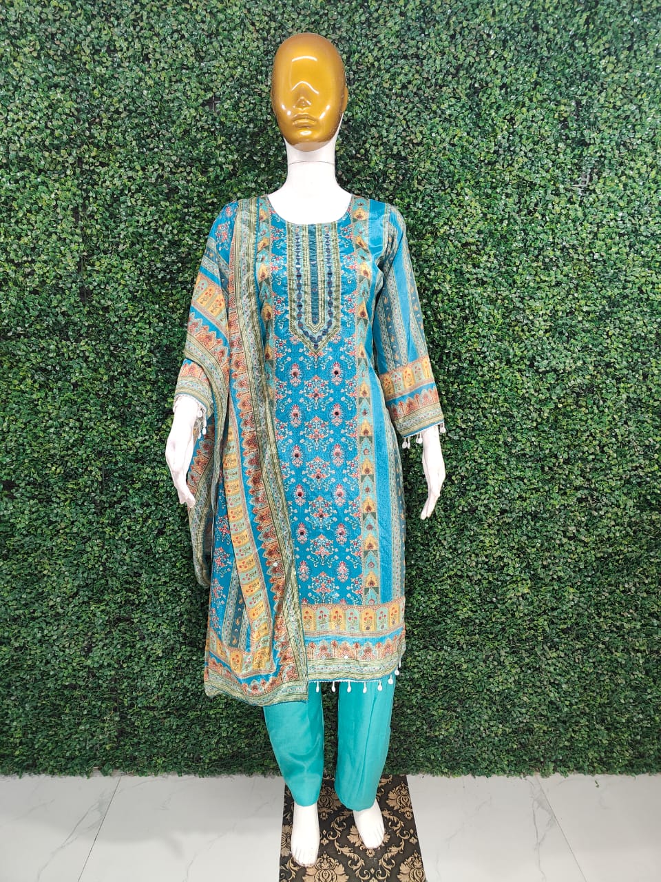 Trending Top With Printed Work With Mirror Work With Top Bottom And Dupatta Set