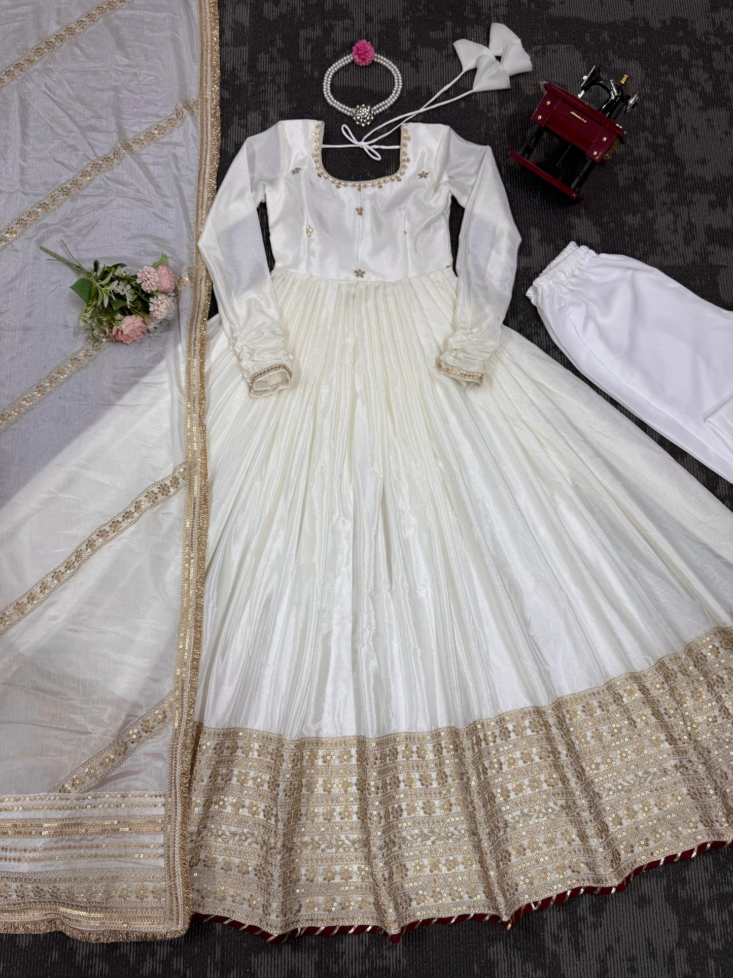 White Color Beautiful Gown in Chinon Silk Fabric