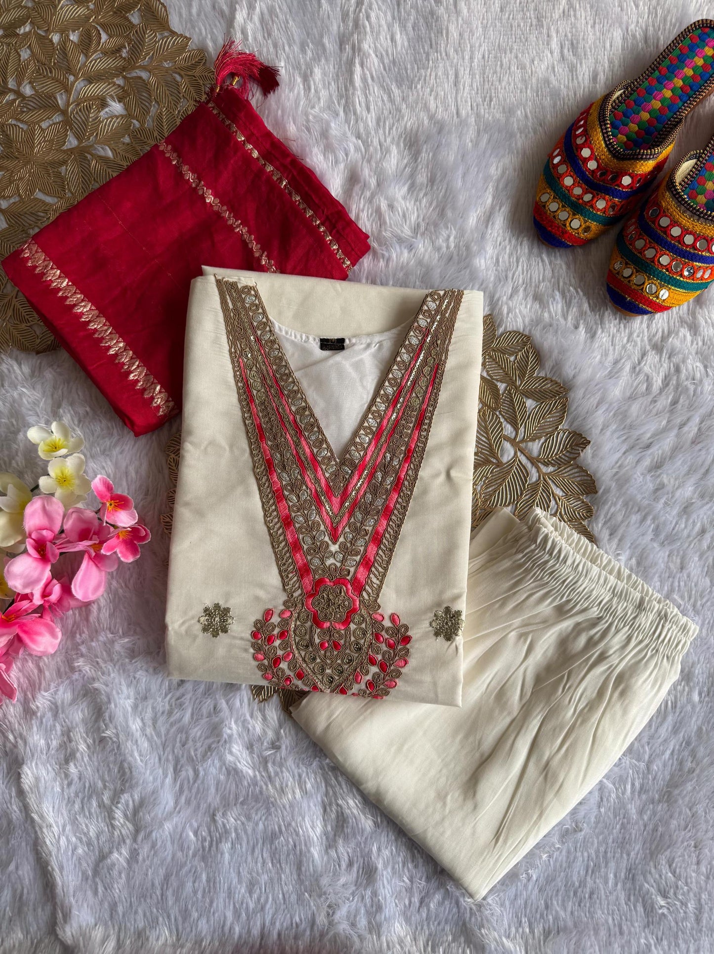 White Cream Color Beautiful Summer wear Dress in Roman Silk fabric