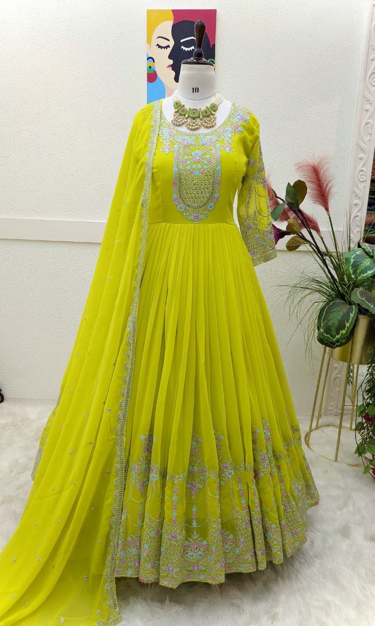 Yellow Color Beautiful Partywear Georgette gown