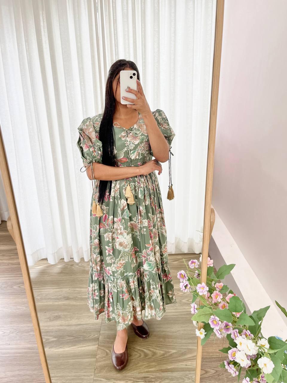 Party Wear LooK Roman Silk Mill Print With Foil Gown
