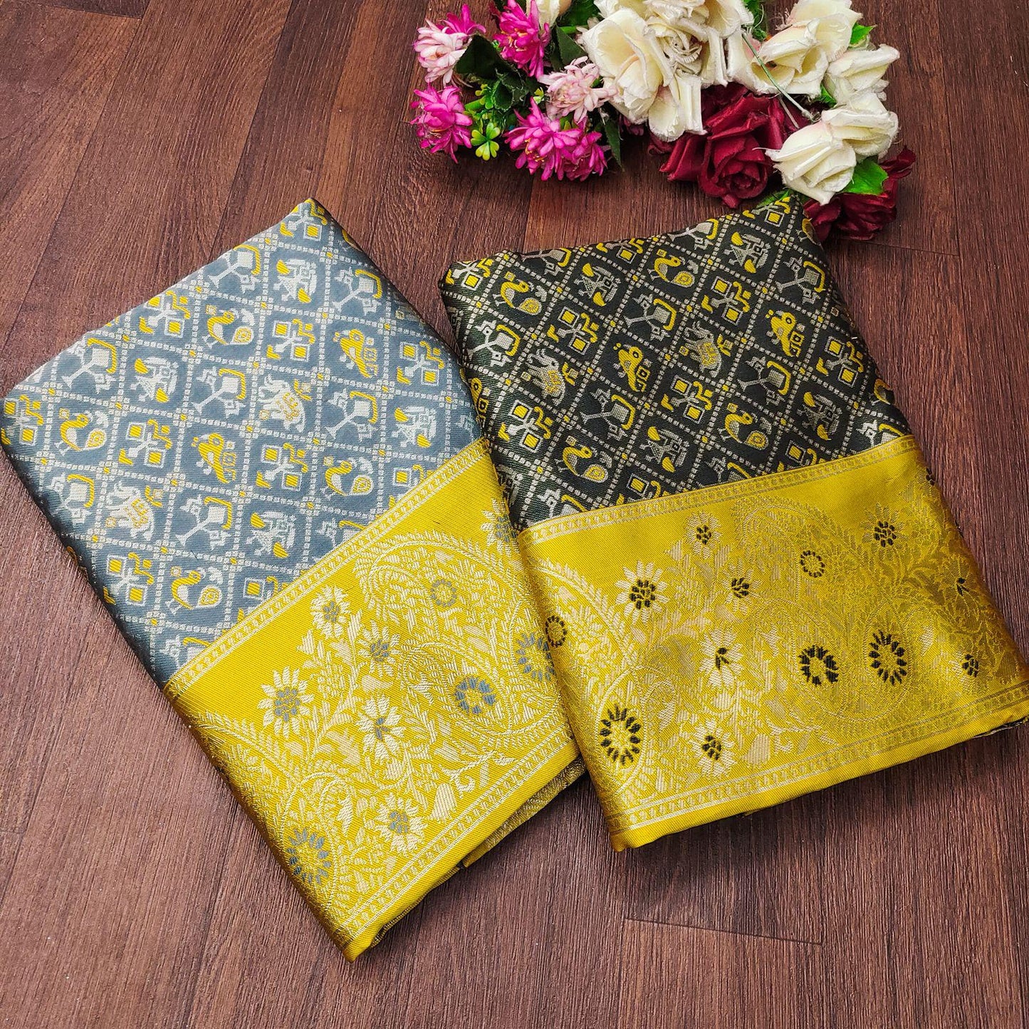 Yellow Grey Color Beauitful Daily Wear Use Saree