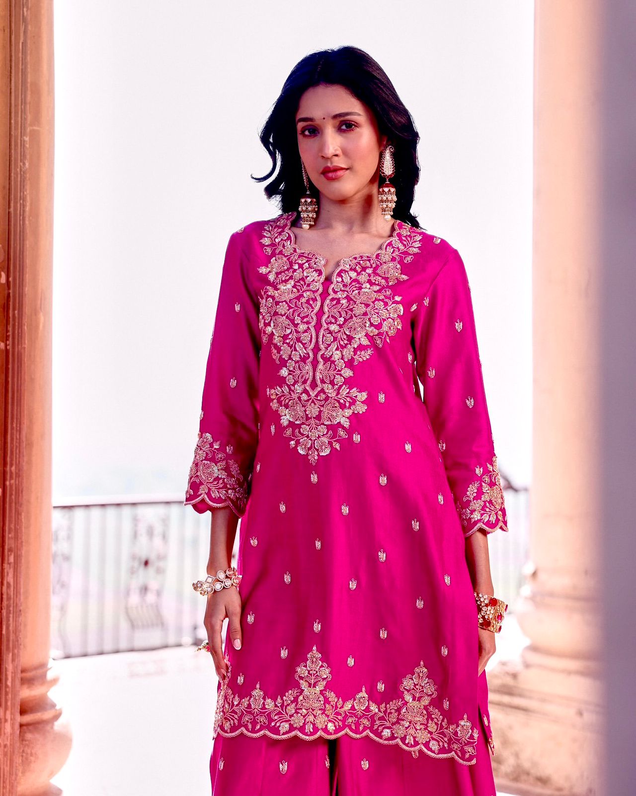 Pink Color Beauitful Festival Wear Roman Silk PLazo DRess