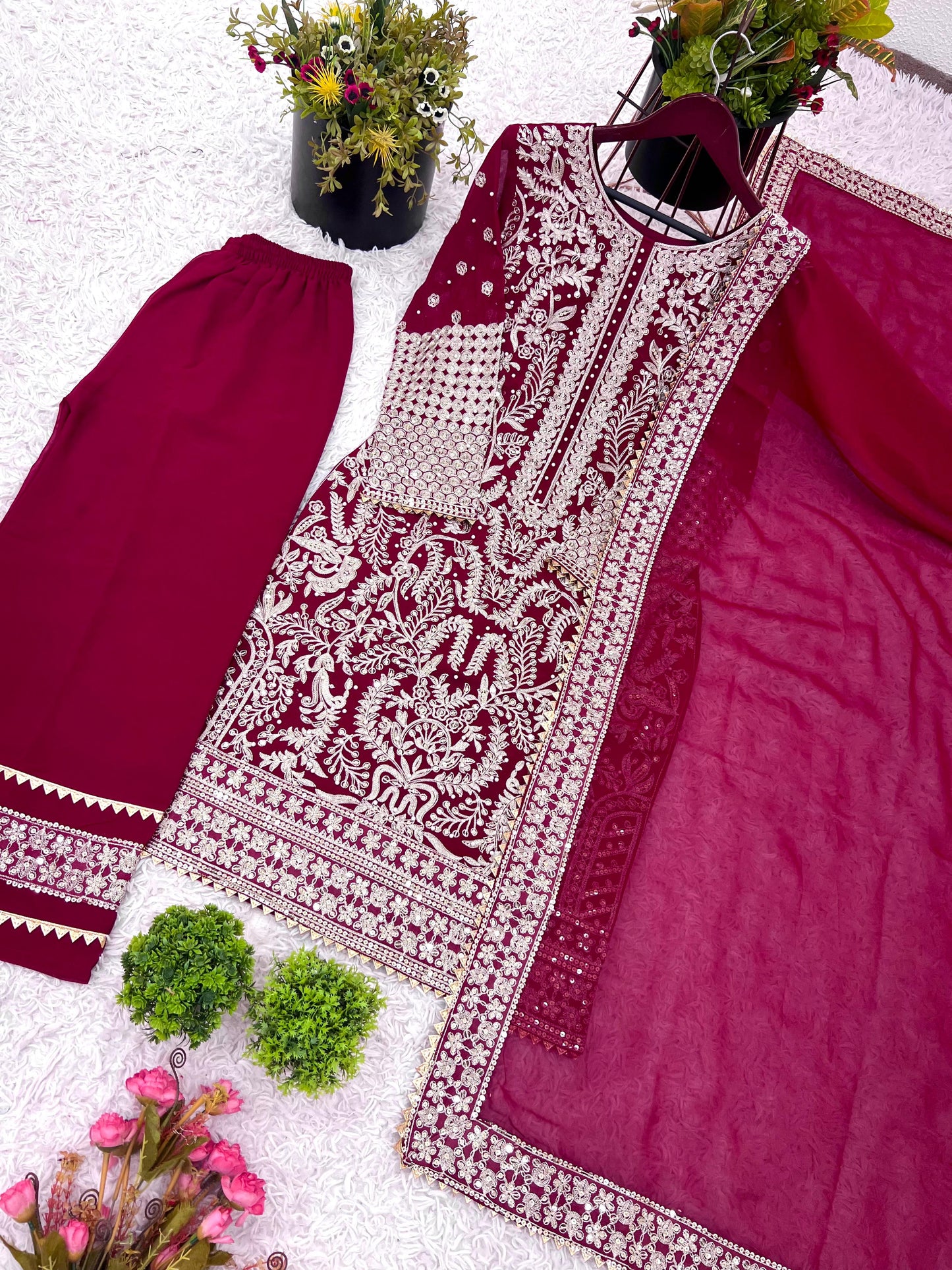 party wear look top-plazzo and dupatta with heavy embroidery work