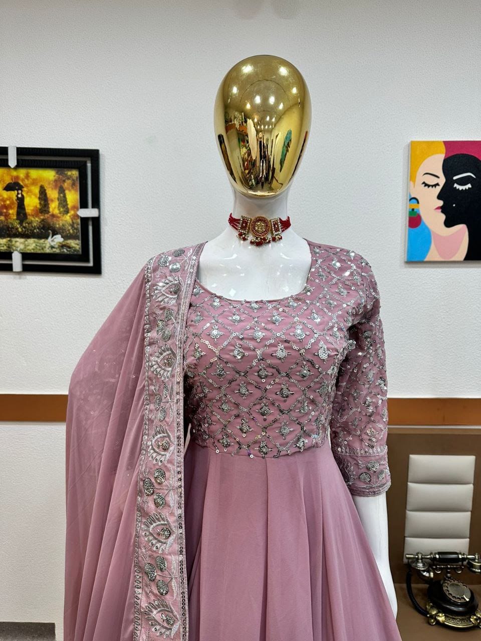 light pink color gown in georgete fabric