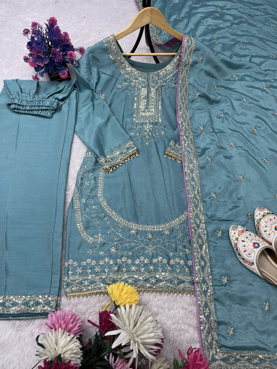 SKy BLue Color Partywear Dress in Chinon Silk Fabric