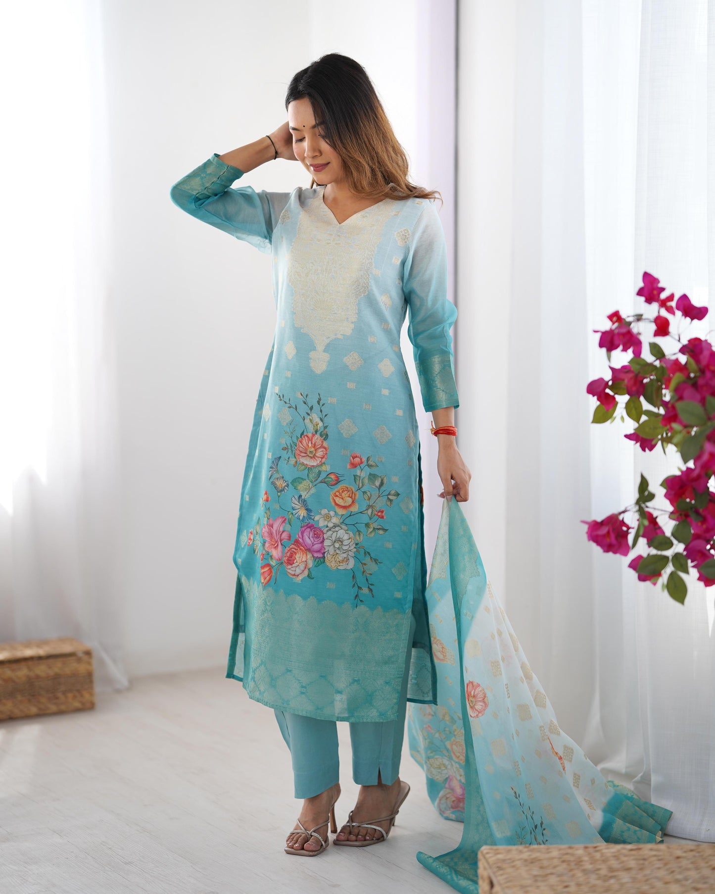 White and Sky blue Color Beautiful Chanderi Silk FAbric Dress