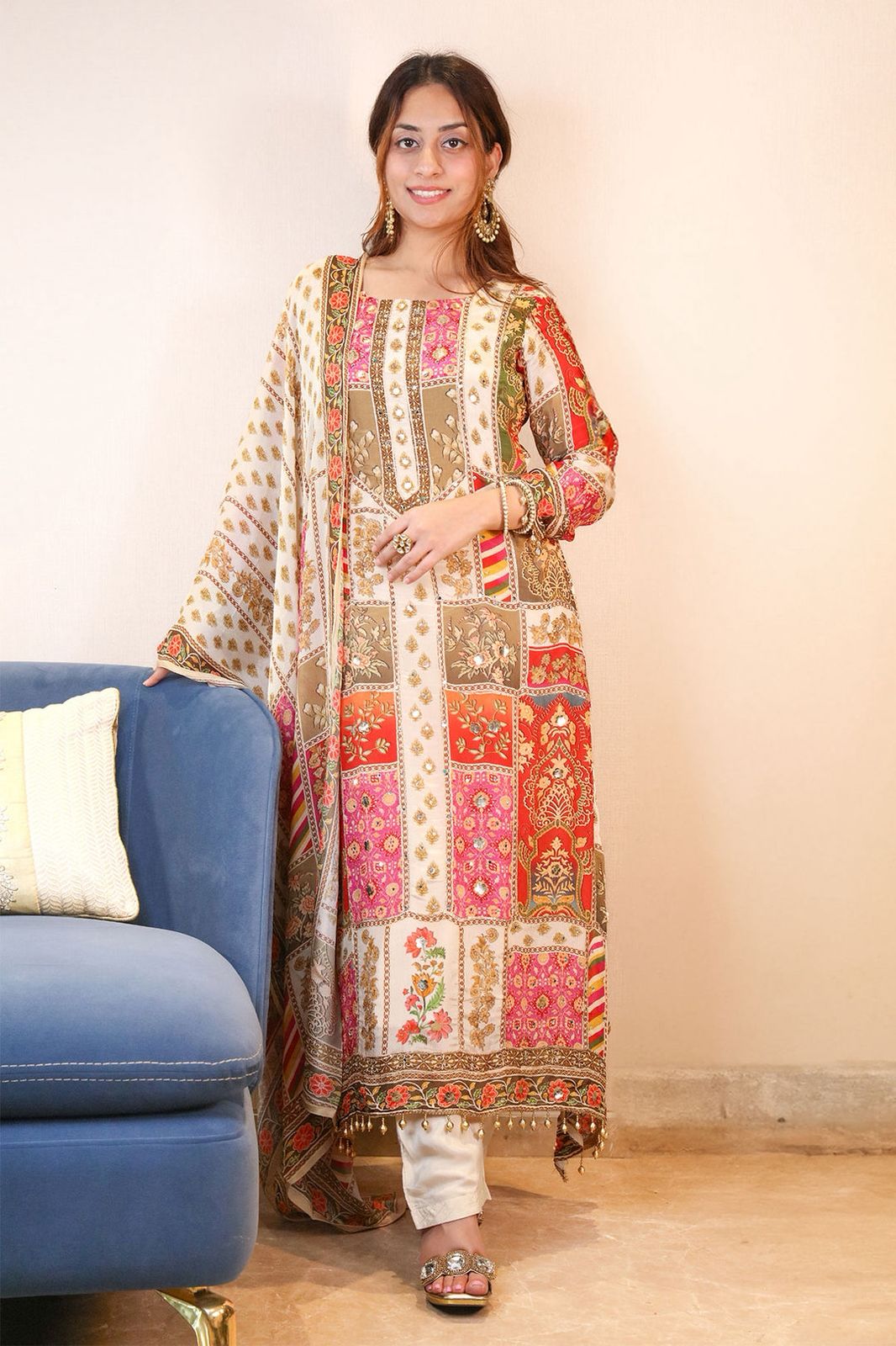 multi color beautiful partywear dress in chinon silk