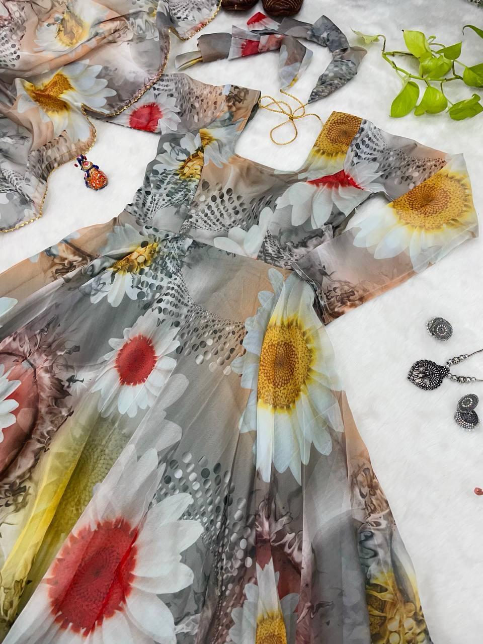 Party Wear Look Organza Taby Silk Gown With Dupatta Pant