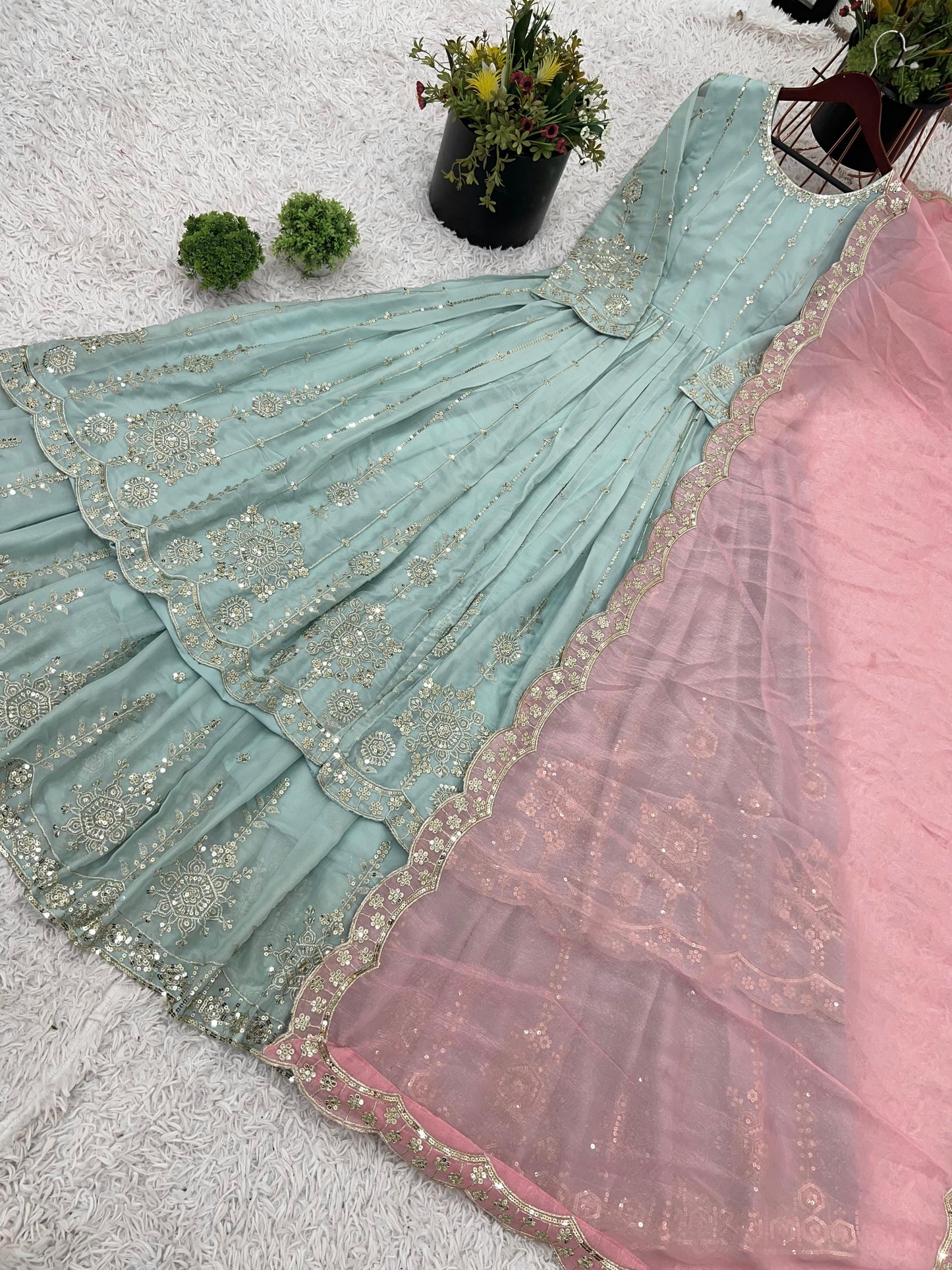 Sky BLue Color Beautiful Partywear Lehenga Dress