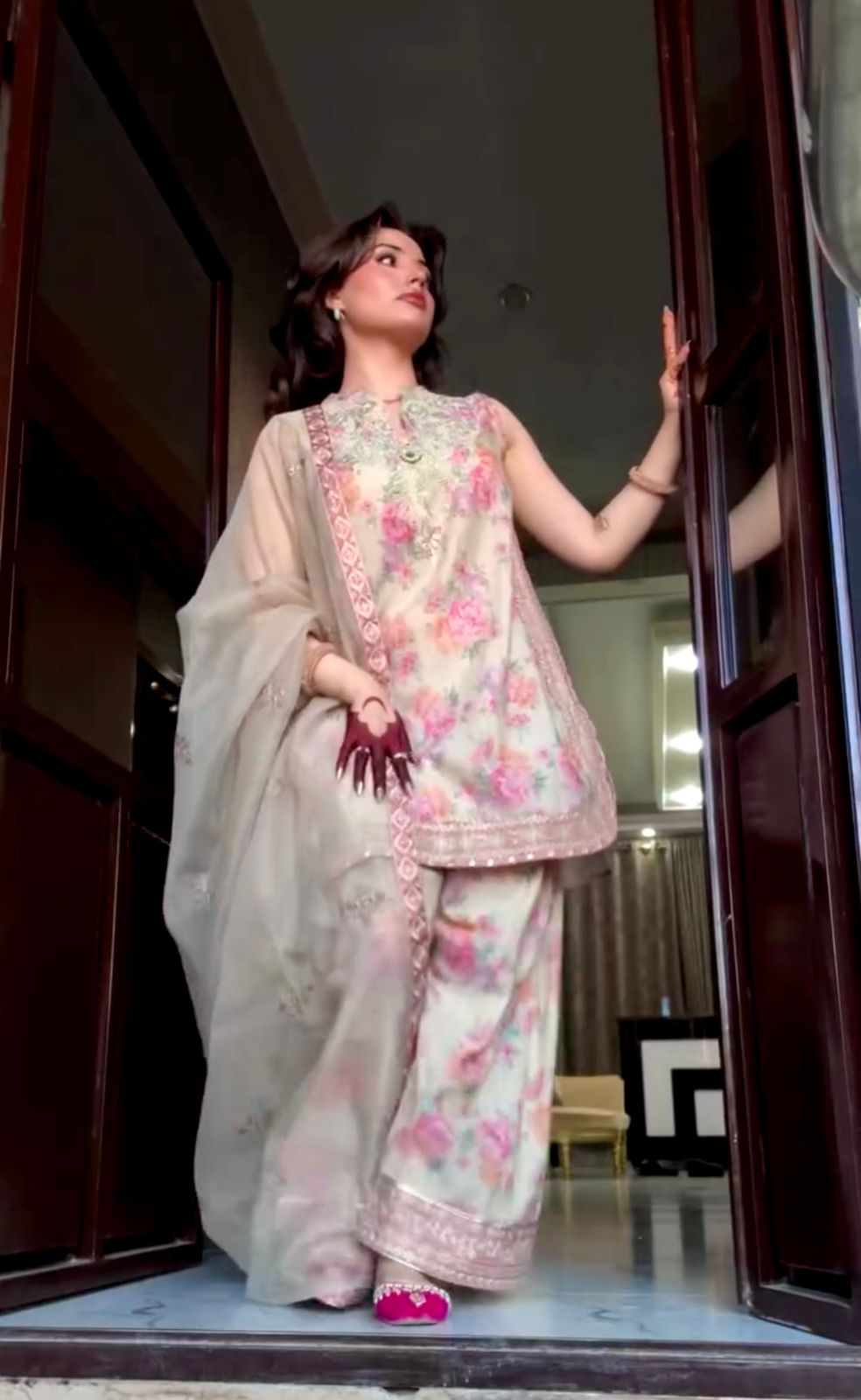 party wear look pur sifon georgette top & farshi palazzo with dupatta set