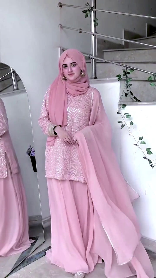 Sequence Embroidery On Georgette Fabric Top And Plazzo With Dupatta Set