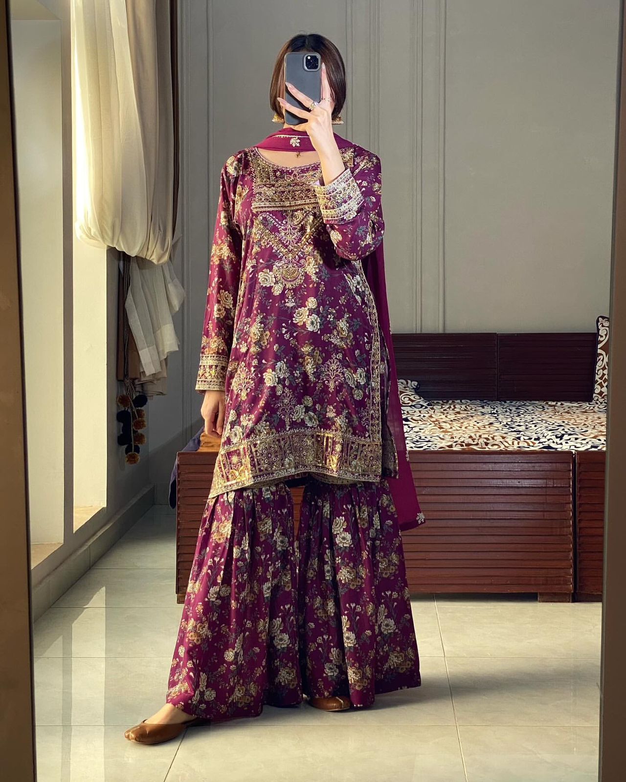 3 piece fancy printed kurti with beautiful sharara and lovely dupatta