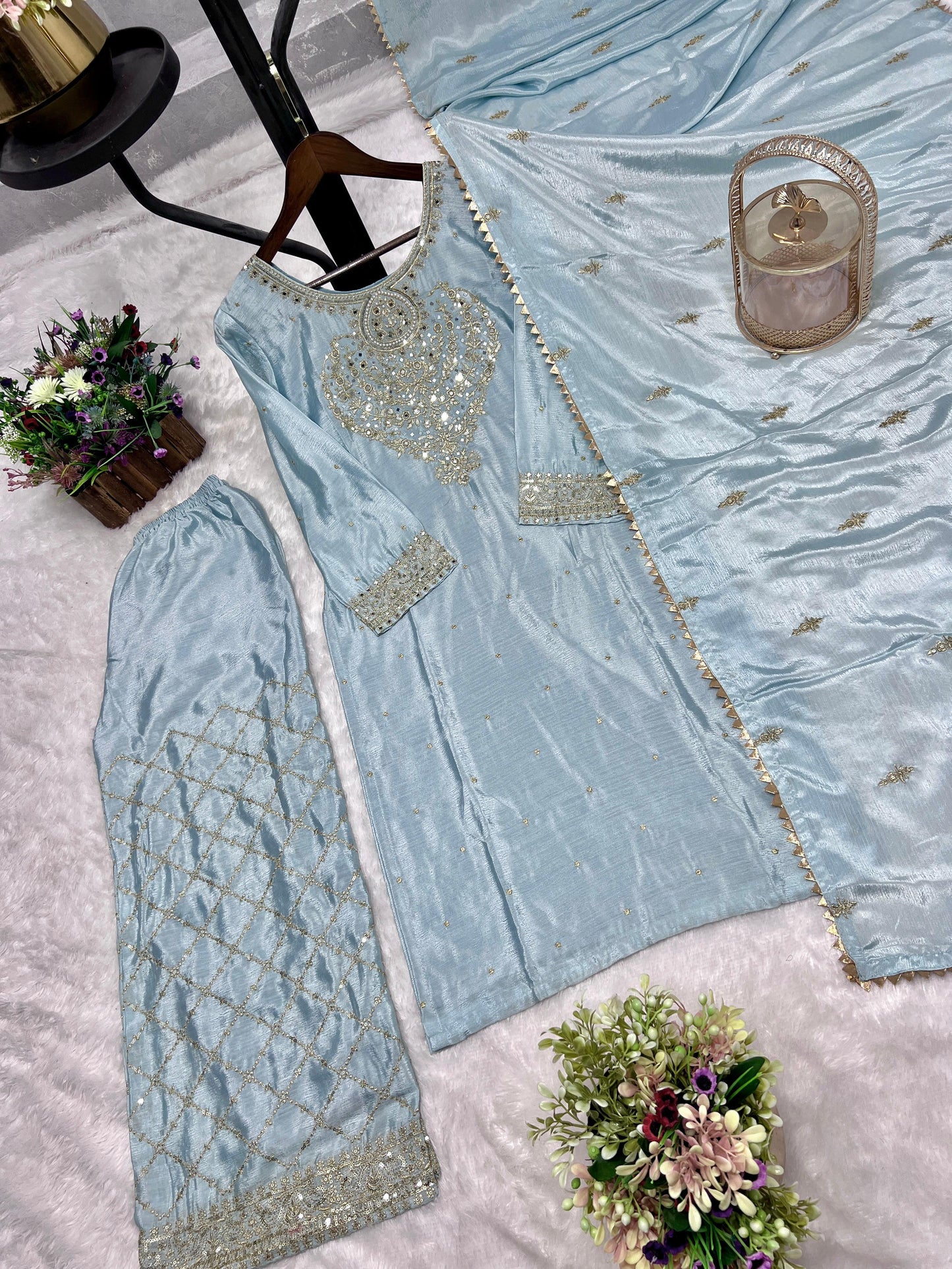 Sky Blue Color Beautiful PArtywear Dress in Chinon Fabric