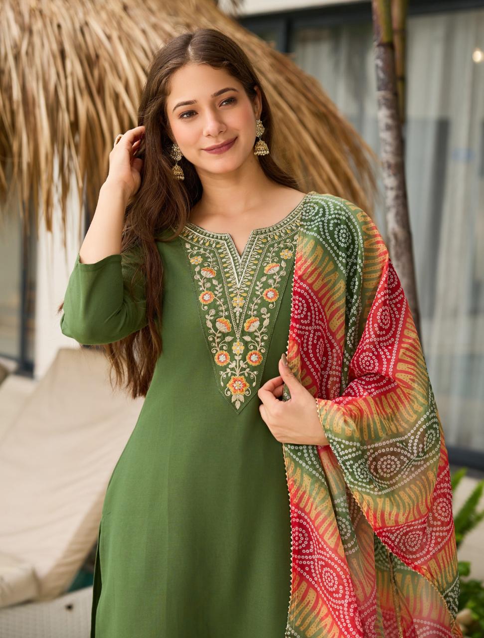 rayon embroidered straight kurta with pant and dupatta sets