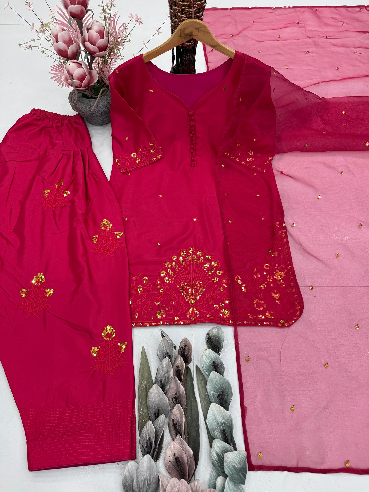 franch crap embroidered sequence work with fancy top-plazzo dupatta set