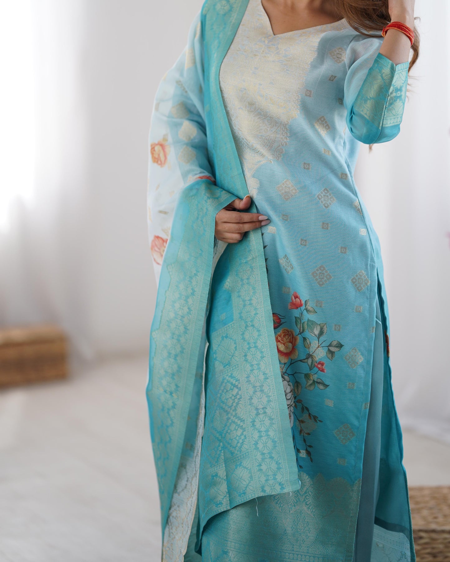 White and Sky blue Color Beautiful Chanderi Silk FAbric Dress