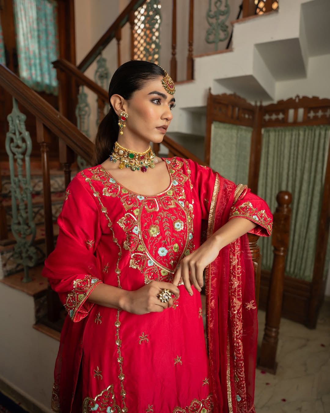 Red Color Beautiful Plazo Dress in Chinon Fabric