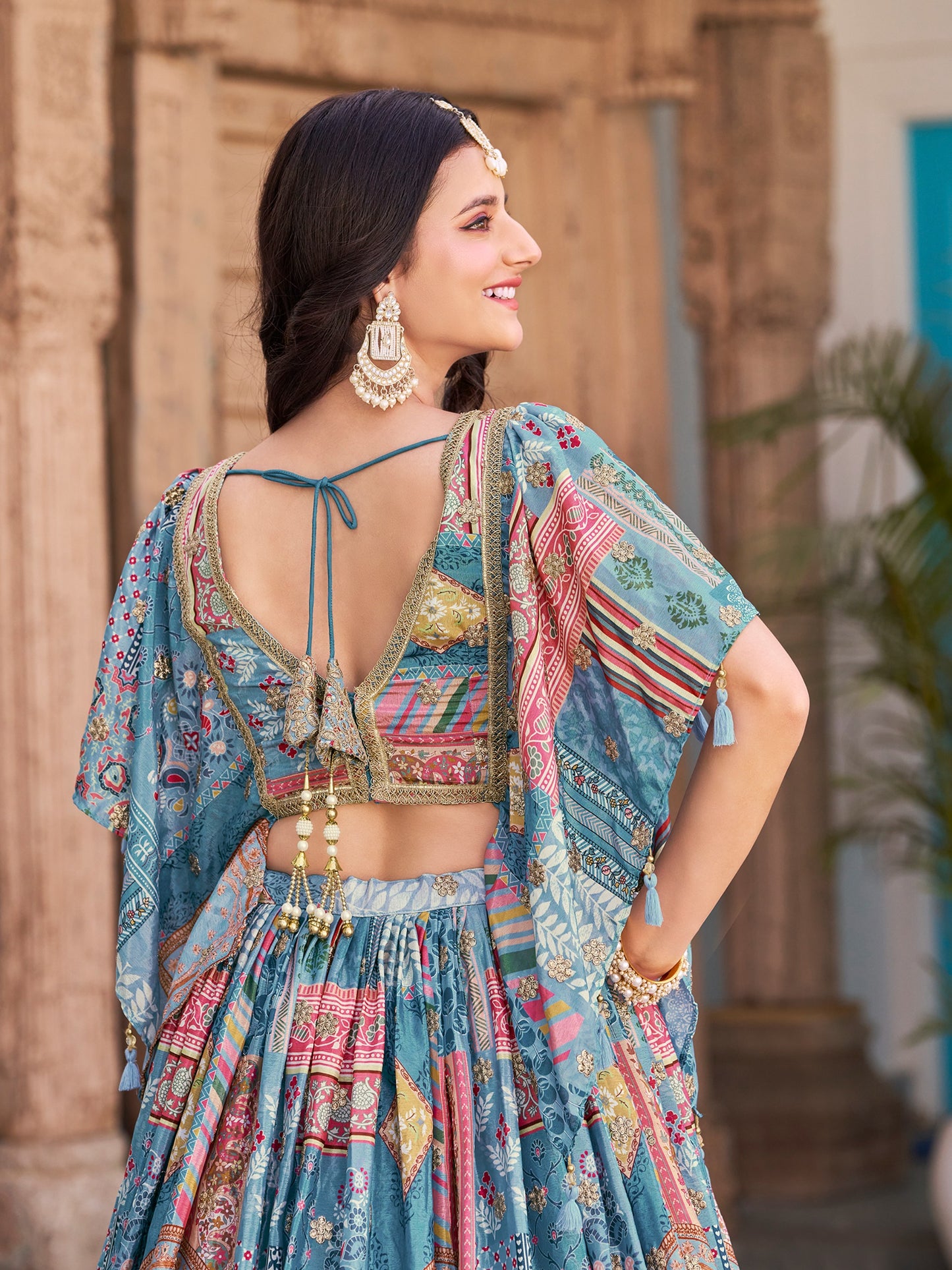 Sky Blue Color Beautiful Lehenga Choli in Chinon Silk Fabric