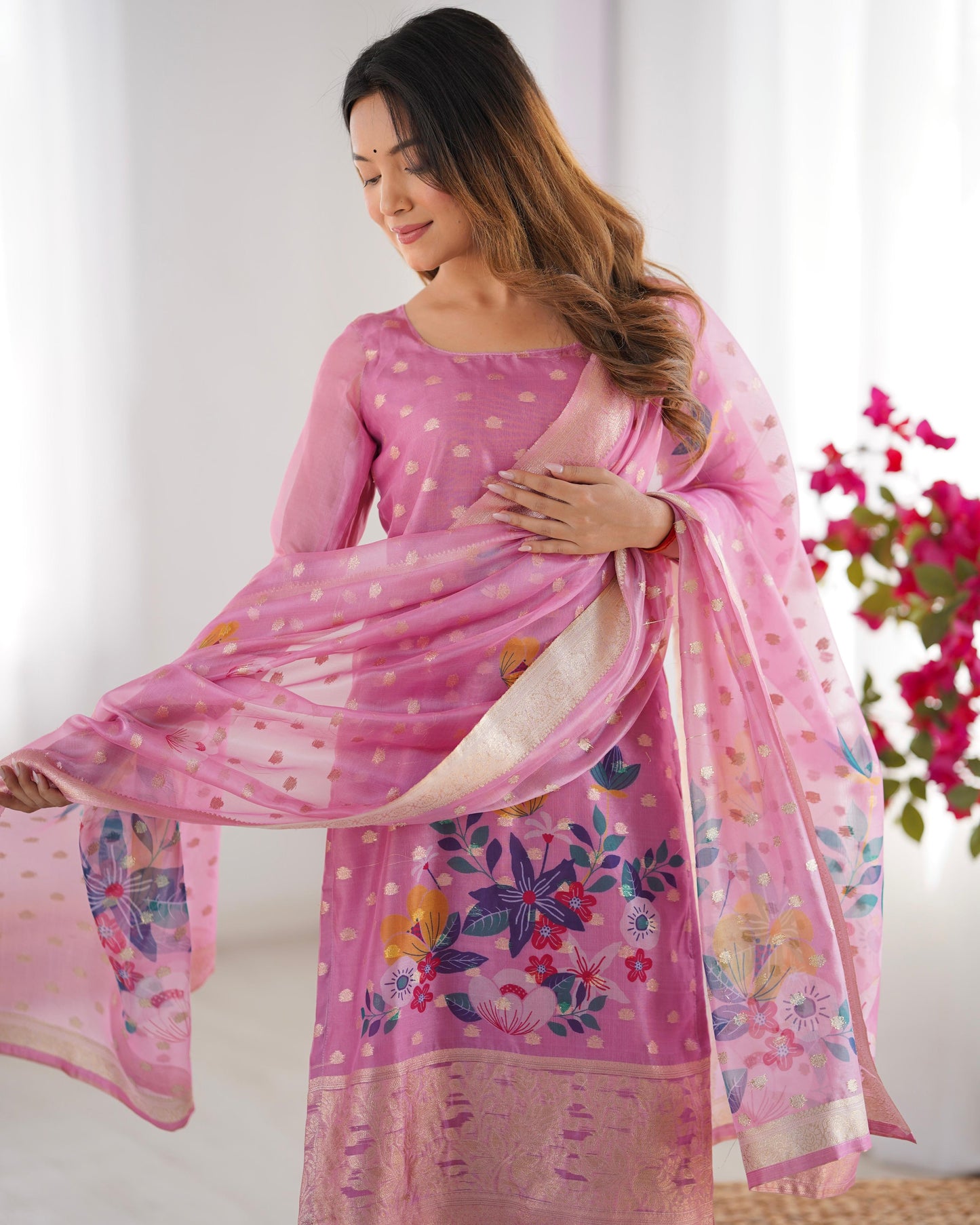 Pink Color Beautiful Chanderi Silk FAbric Dress