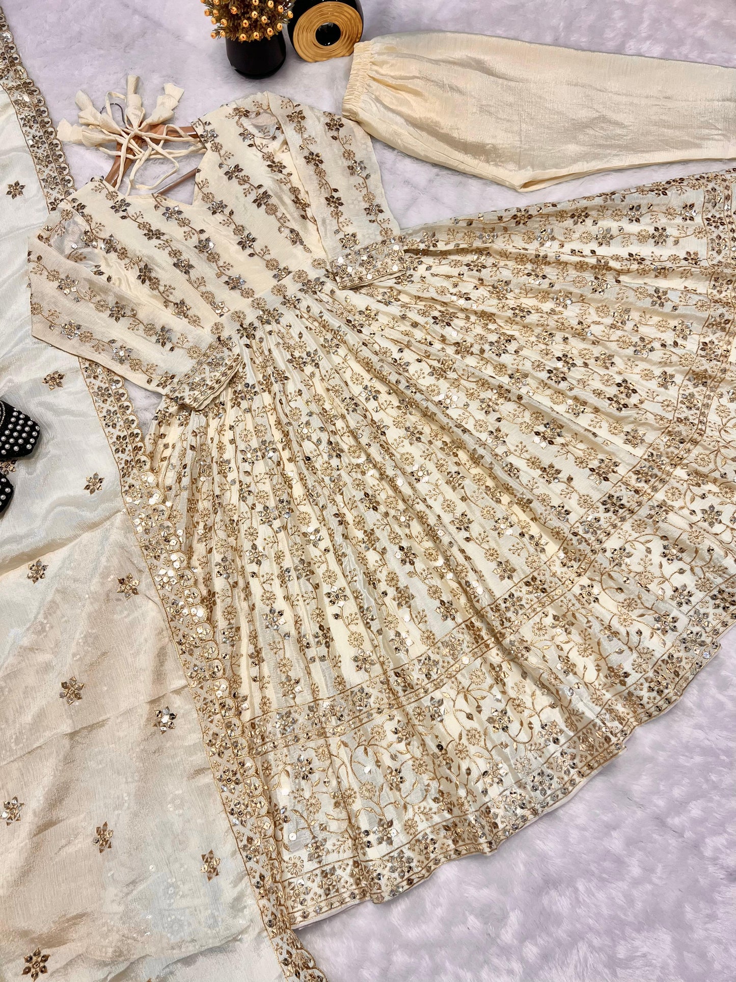 White Cream Color Beautiful Partywear Dress in Chinon Fabric