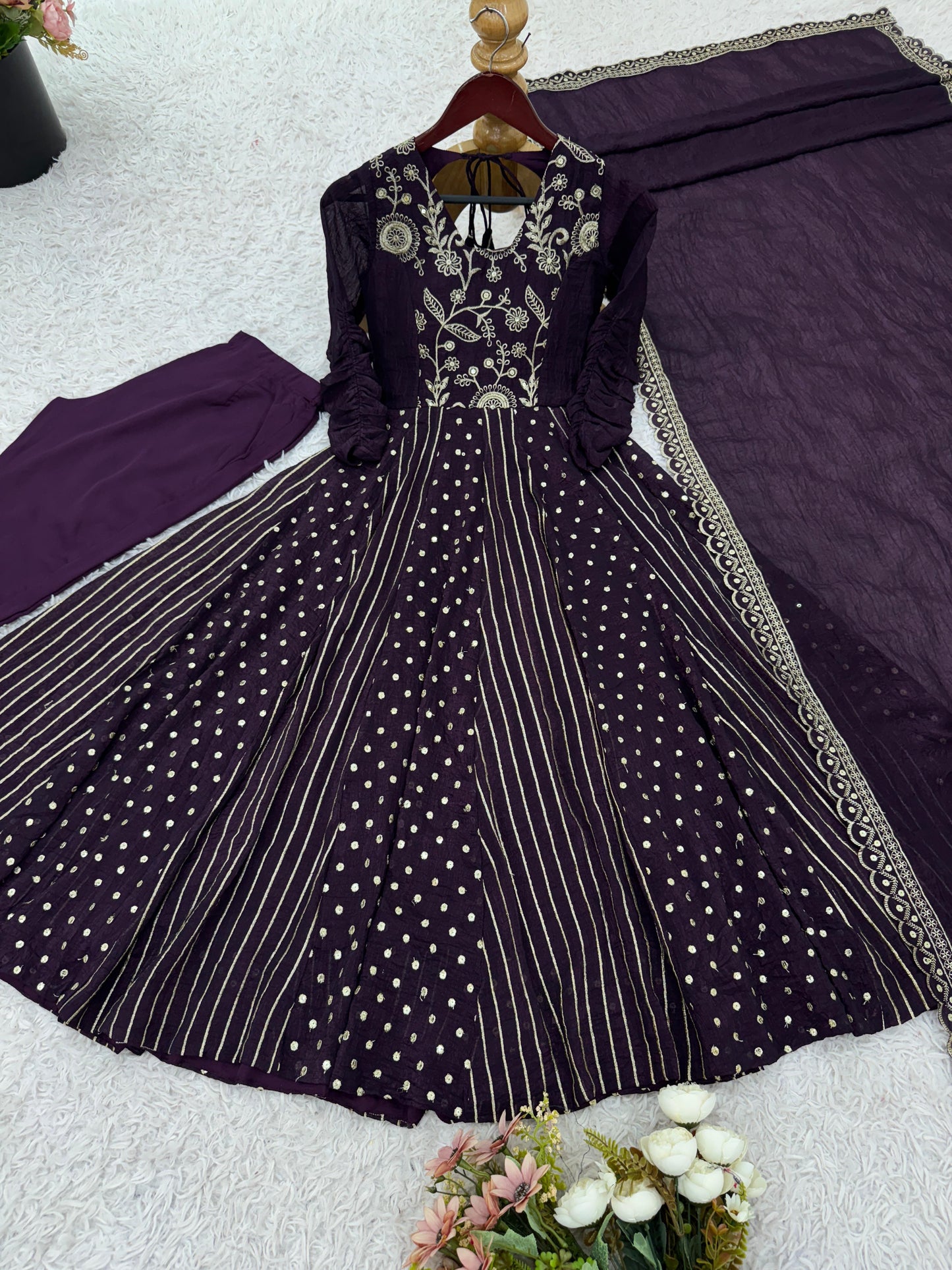 purple color anrakli gown in silk fabric with embroidery work