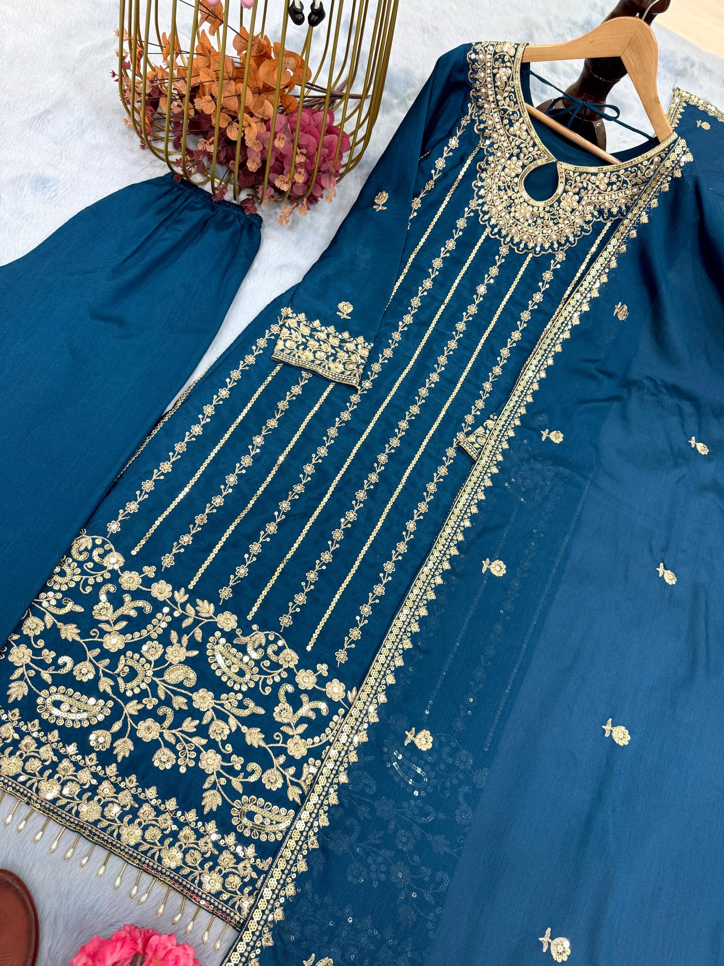 Blue Color Beautiful Partywear Dress IN Chinon Fabric