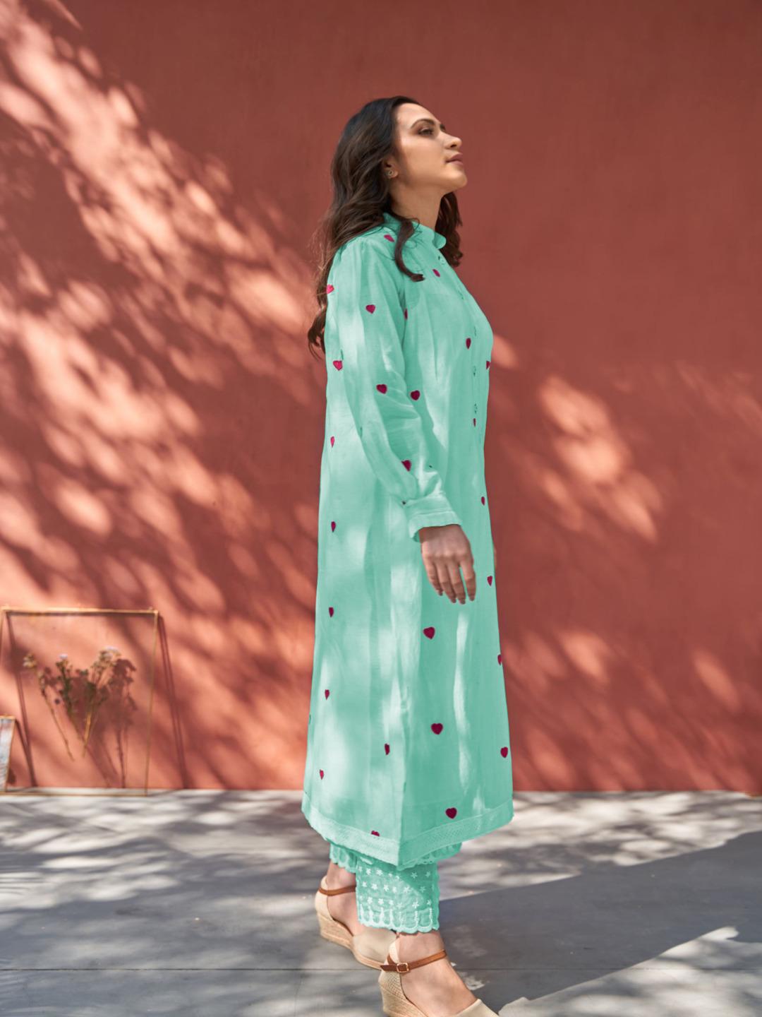 Sky Blue Color Beautiful Cotton Wear Kurti Pent Set