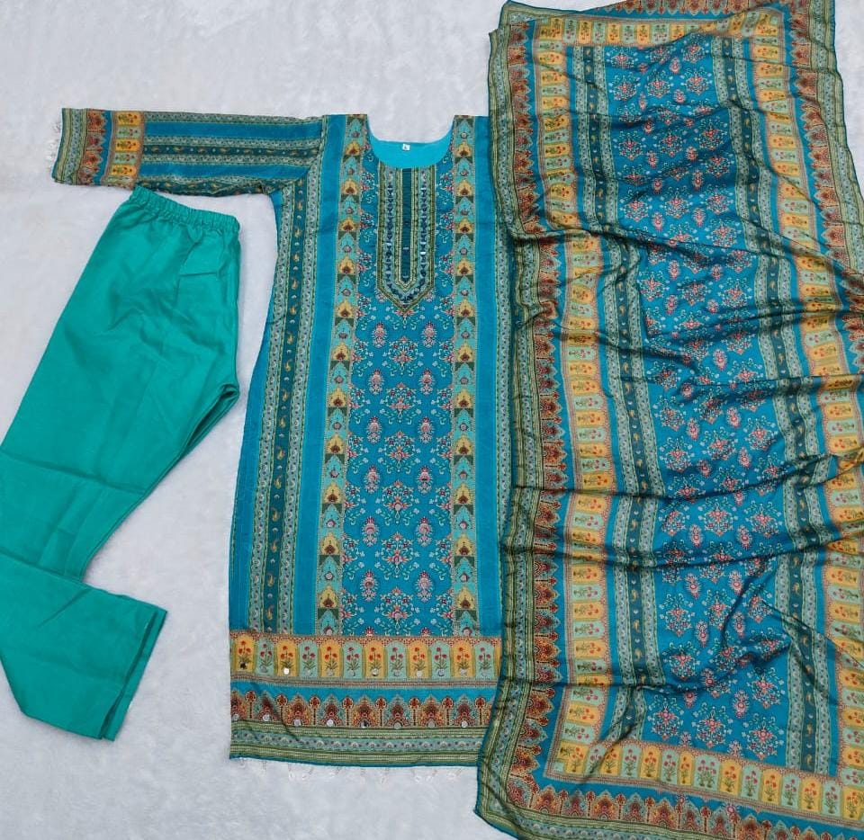 Trending Top With Printed Work With Mirror Work With Top Bottom And Dupatta Set