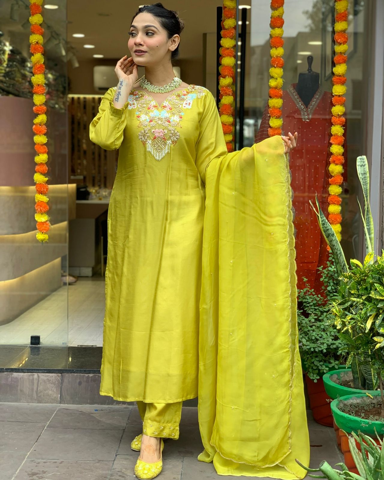 Yellow Color Beautiful Chanderi Silk Fabric dress for daily wear