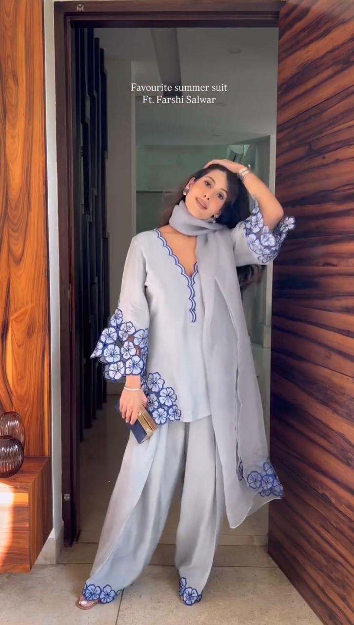 Party Wear Look Pure Natural Crepe Top & Farshi Palazzo With Dupatta Set in grey color