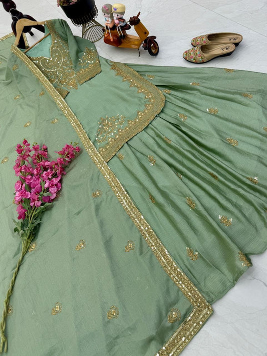 Green Color Beautiful Sharara Suit in Chinon FAbric