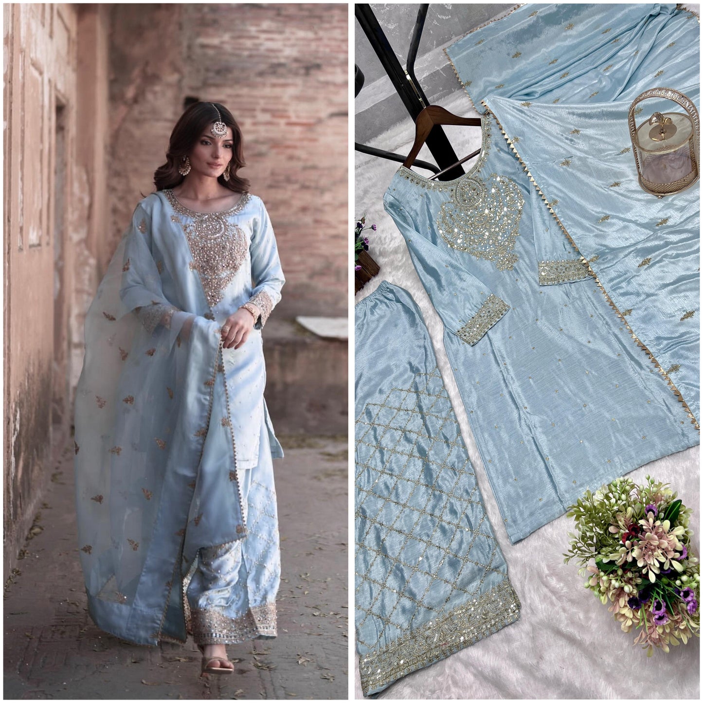 Sky Blue Color Beautiful PArtywear Dress in Chinon Fabric