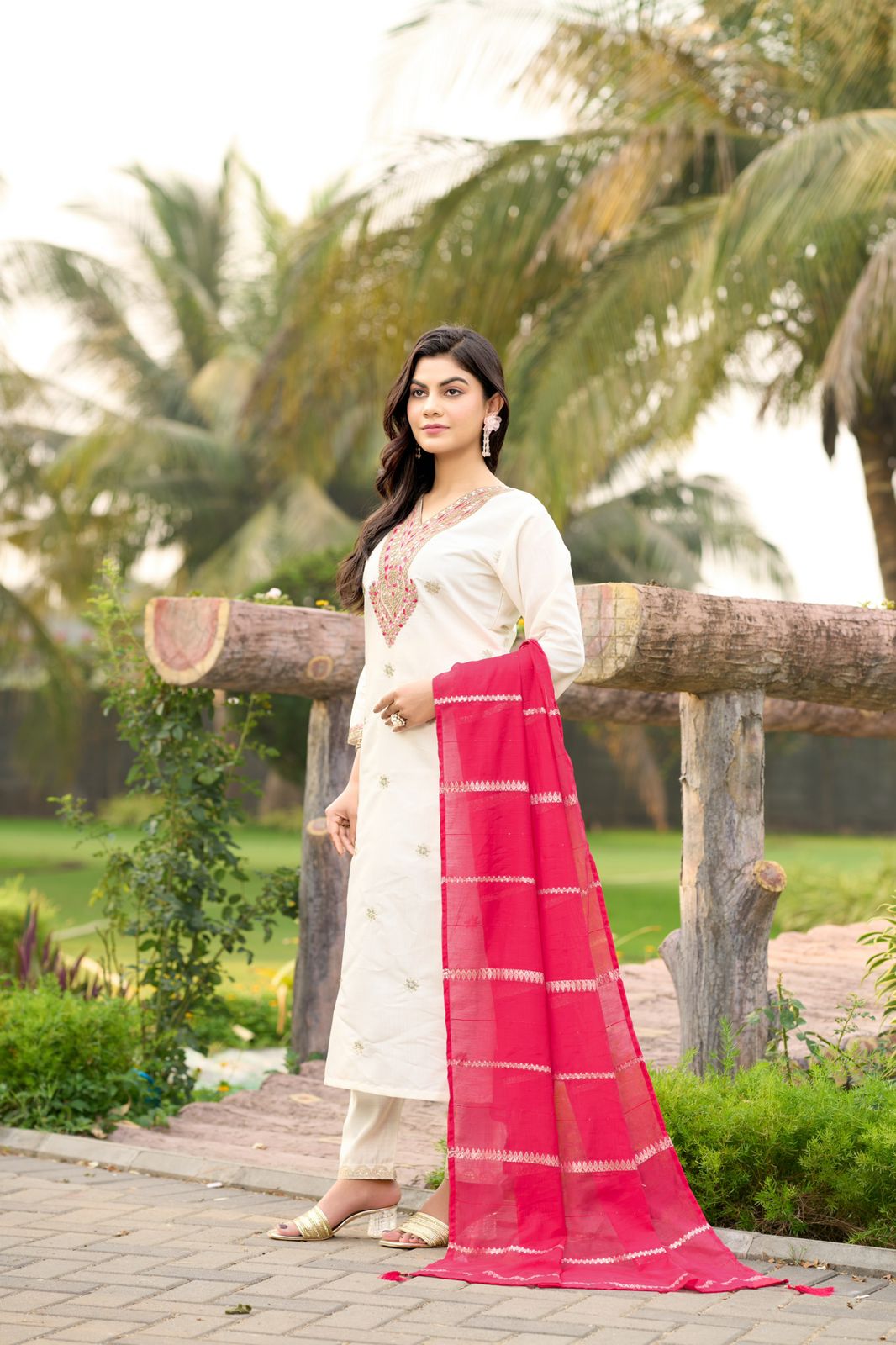 White Cream Color Beautiful Summer wear Dress in Roman Silk fabric
