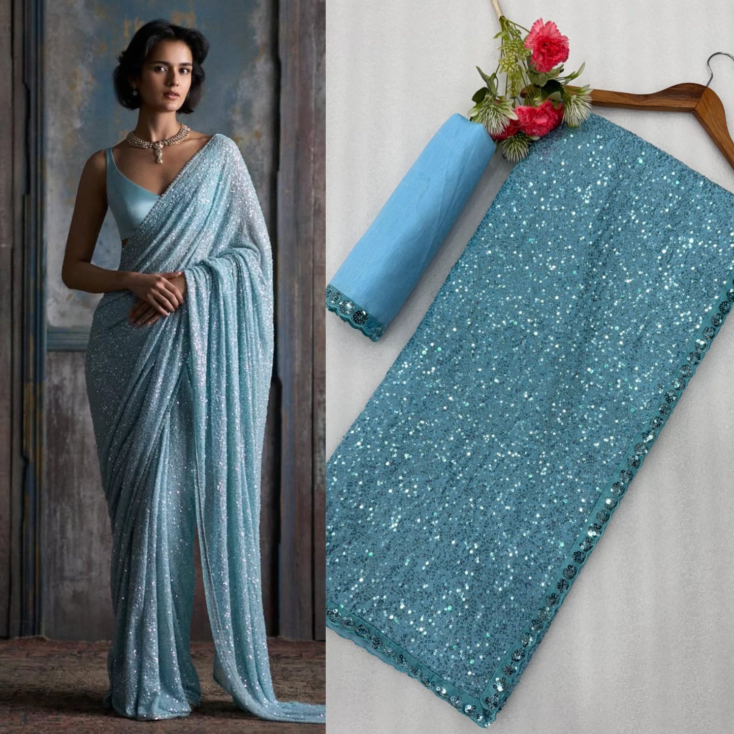 Sky BLue Color Partywear Saree in Georgette Fabric