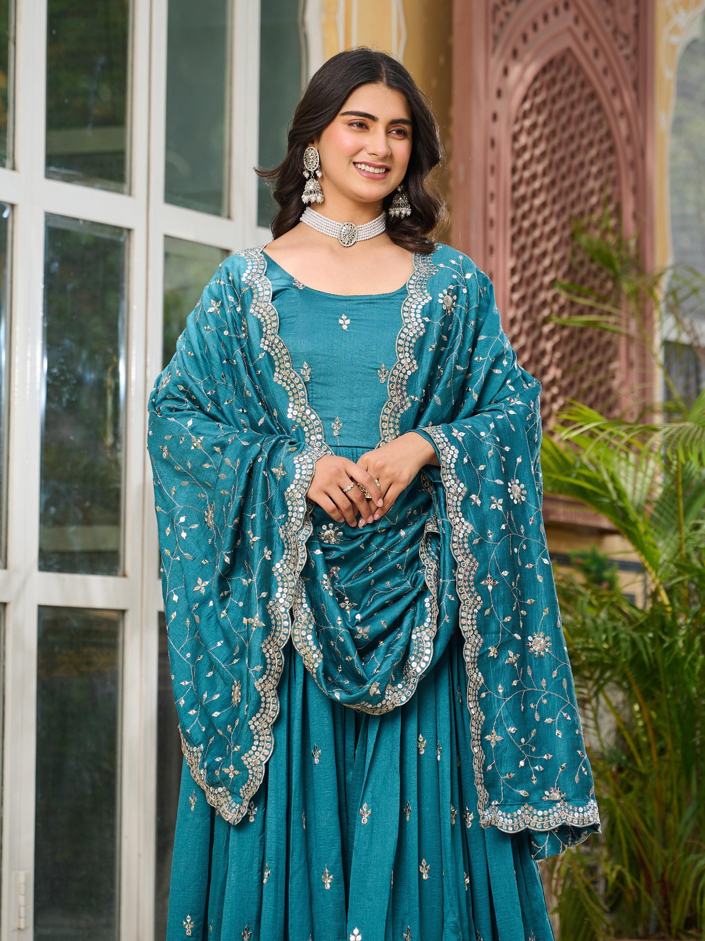 Morpitch Color Beautiful Partywear Gown in Vichitra Silk
