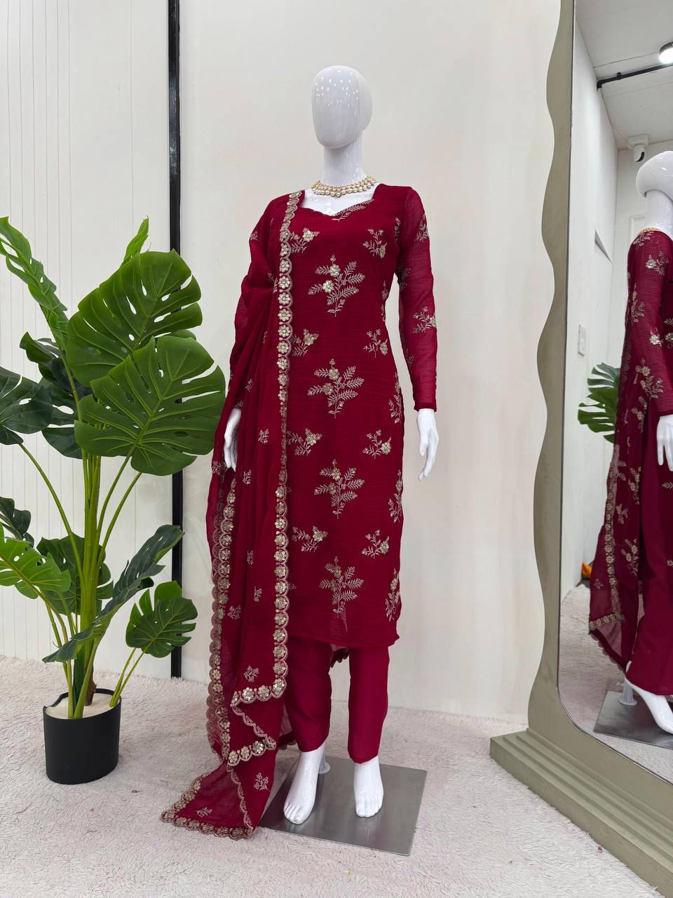 Red color partywear dress in silk fabric