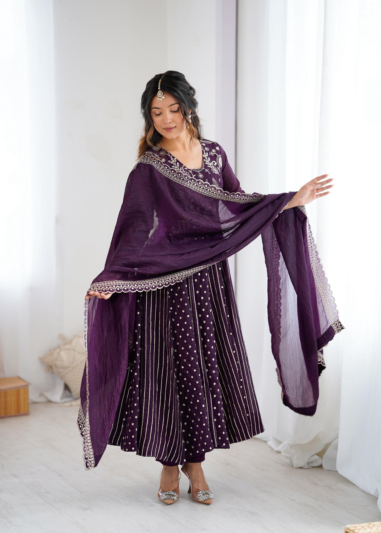 purple color anrakli gown in silk fabric with embroidery work