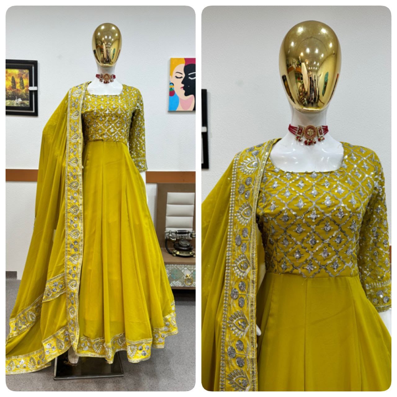 yellow color gown in georgete fabric