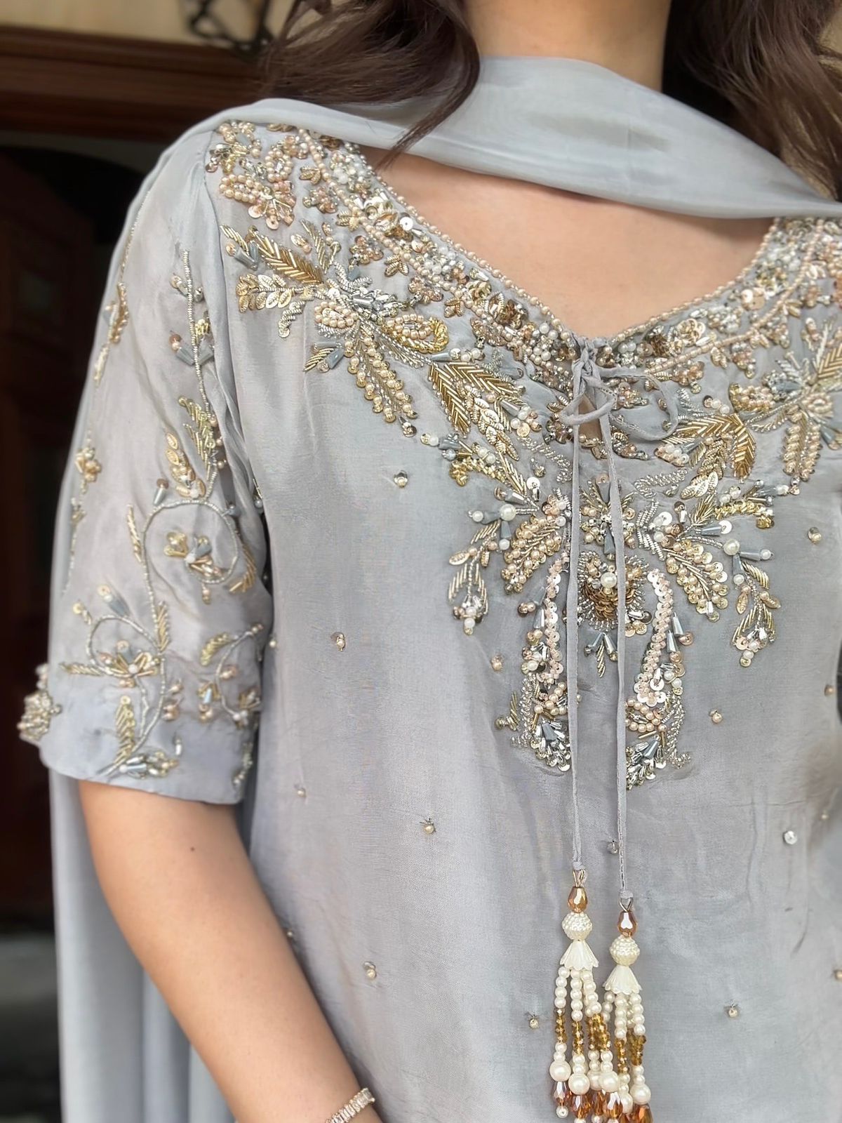 Party Wear Look Pur Natural Crepe Top & Farshi Palazzo With Dupatta Set