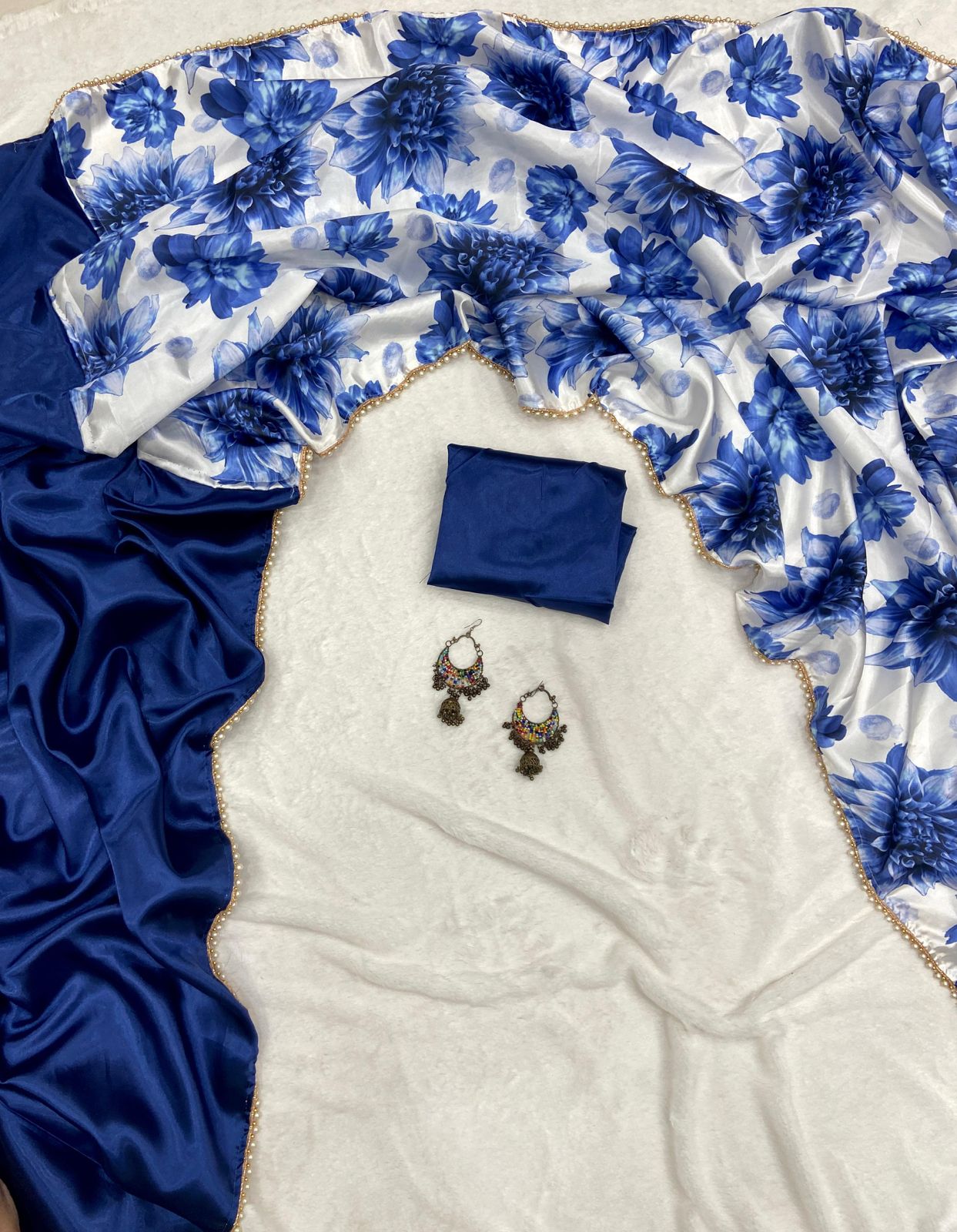 Half Half Satin Saree Collection With Beautiful Flower Print in blue color