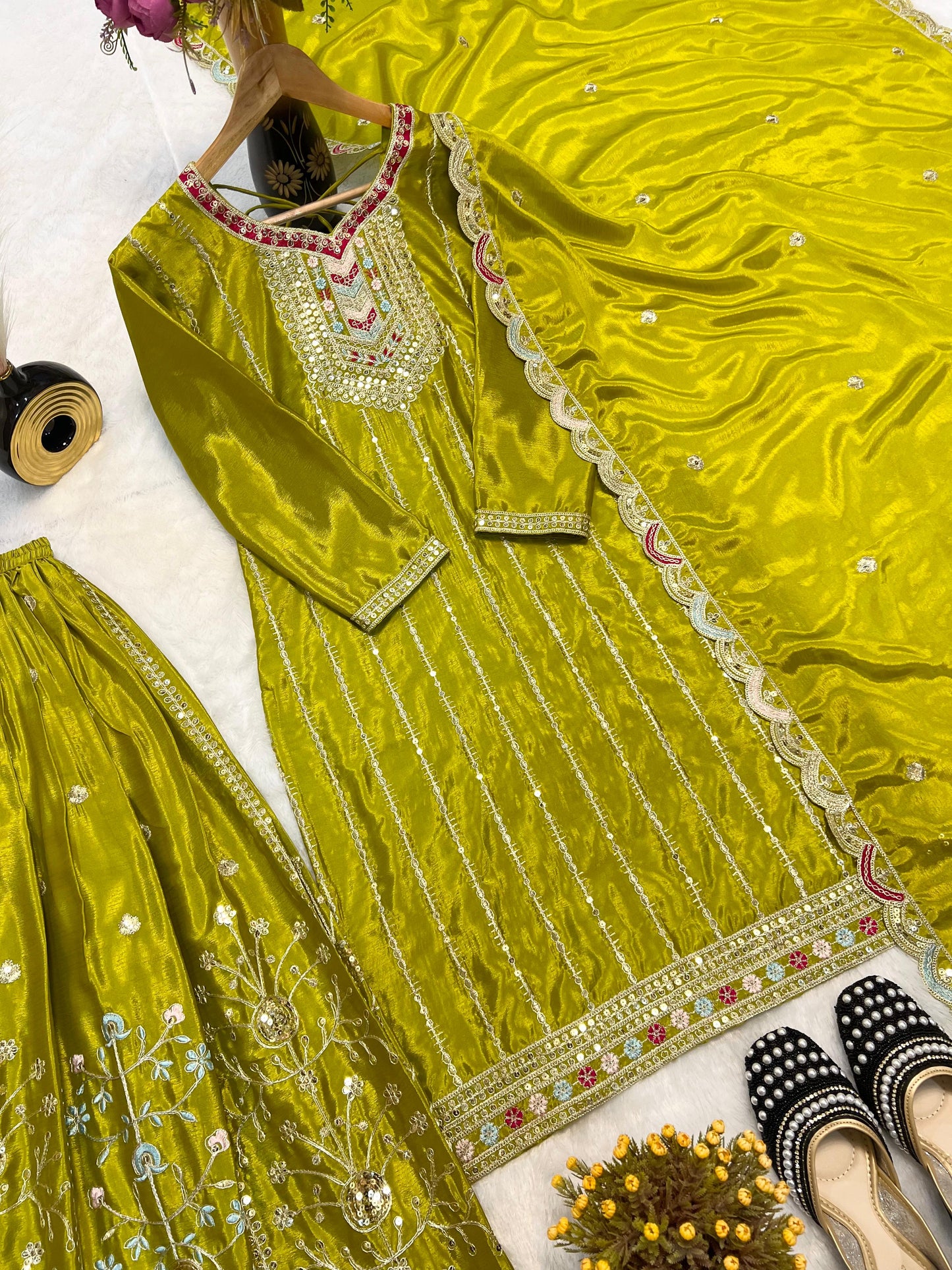 Yellow Color Beautiful PArtywear PLazo Dress in Chinon Silk Fabric
