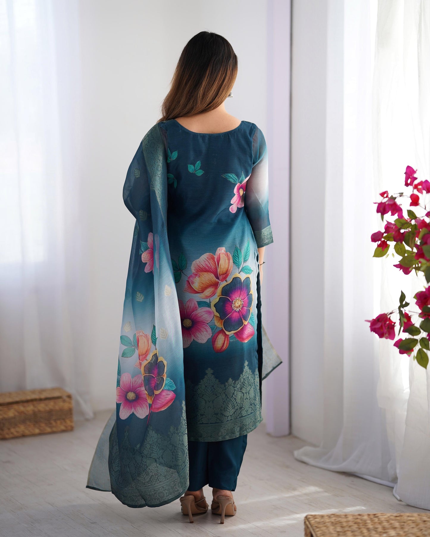 Blue Color Beautiful Chanderi Silk FAbric Dress