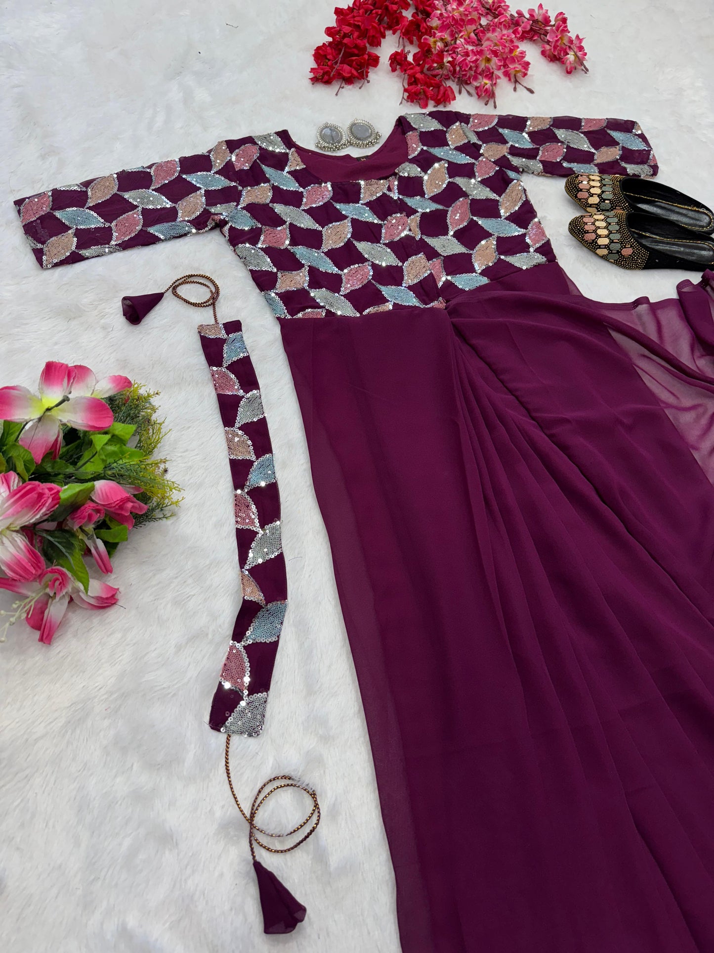 Purple color beautiful trending zip nd go embroidery saree